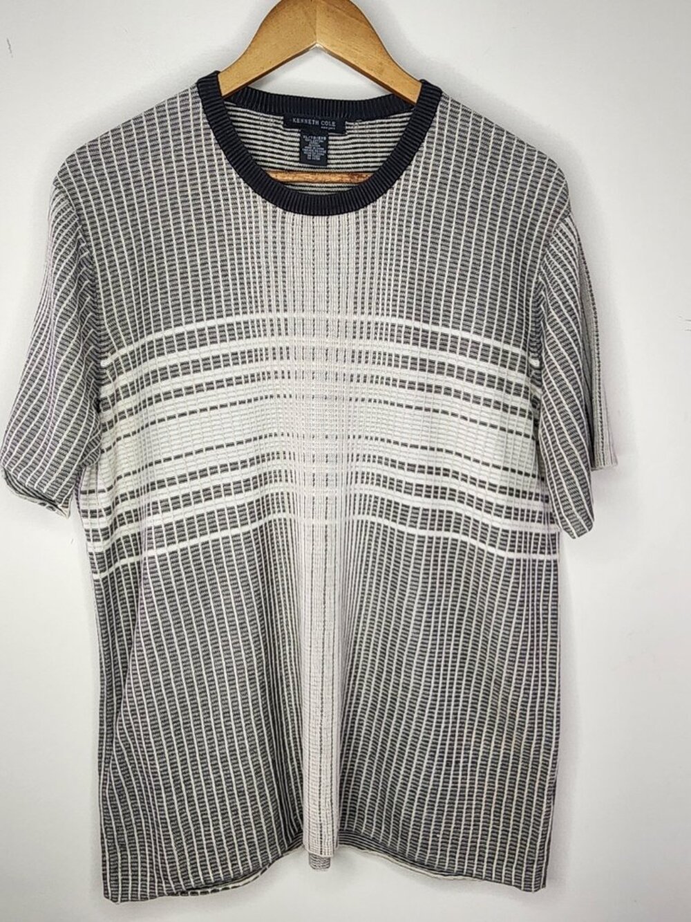 Kenneth Cole Grid Knit Tee — Grey/White, Size M | Cotton Short-Sleeve Crew Neck